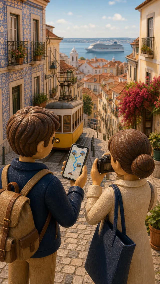 A couple in an old-town alley with the cruise ship in the bay, their route being recorded