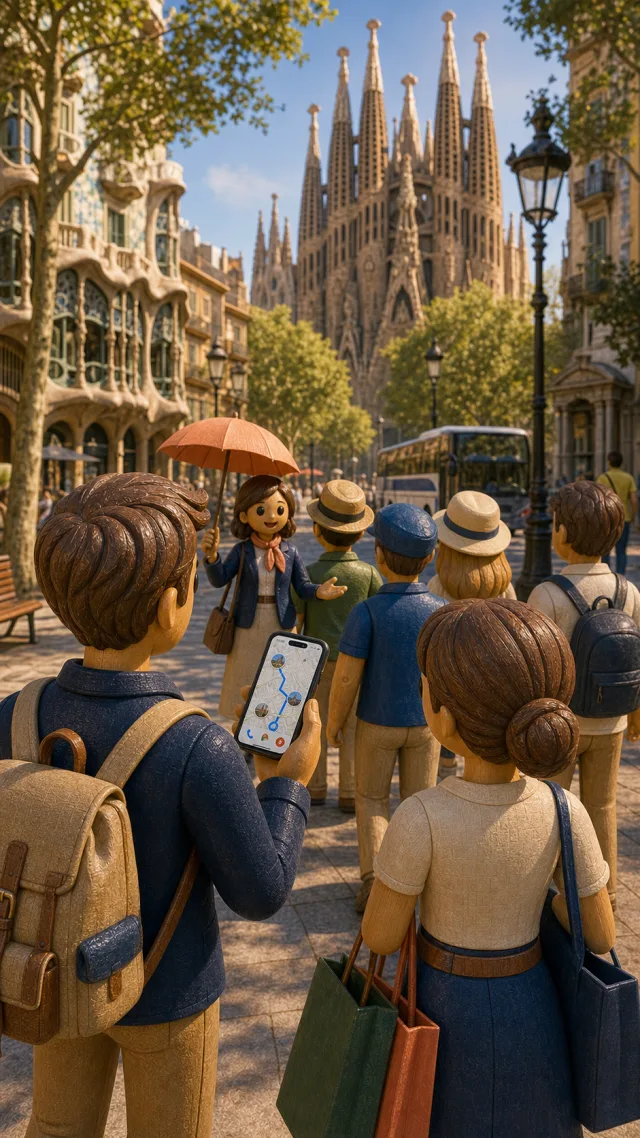 Guided shore excursion in front of the Sagrada Família, the stops of the tour saved on the map