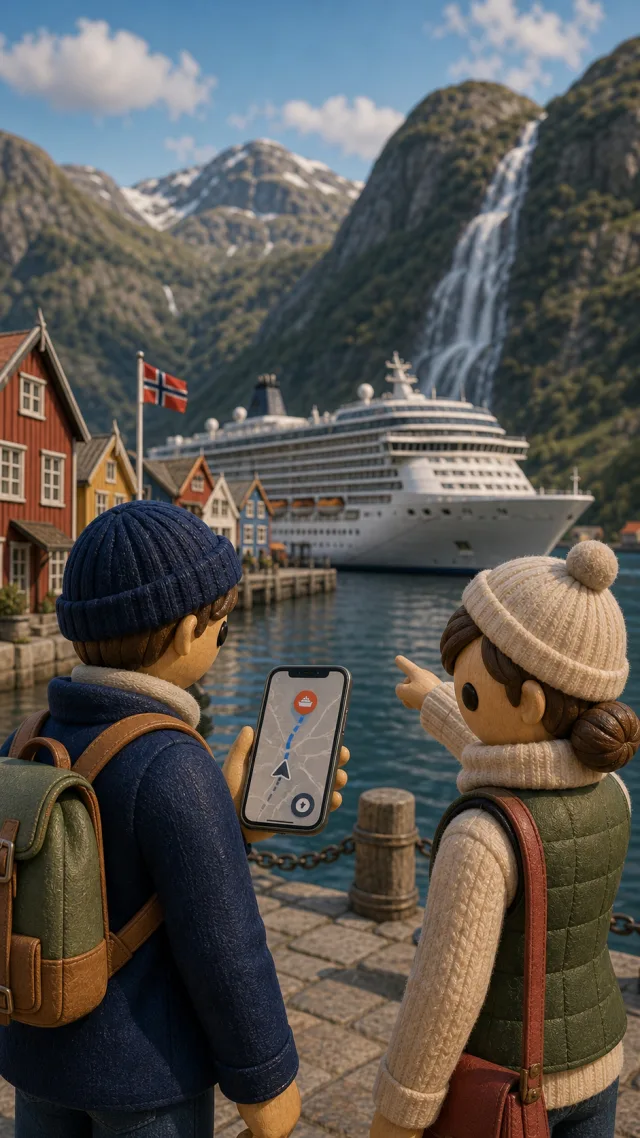 Cruise passengers on the quay of a Norwegian fjord port, the route back to the ship on their smartphone