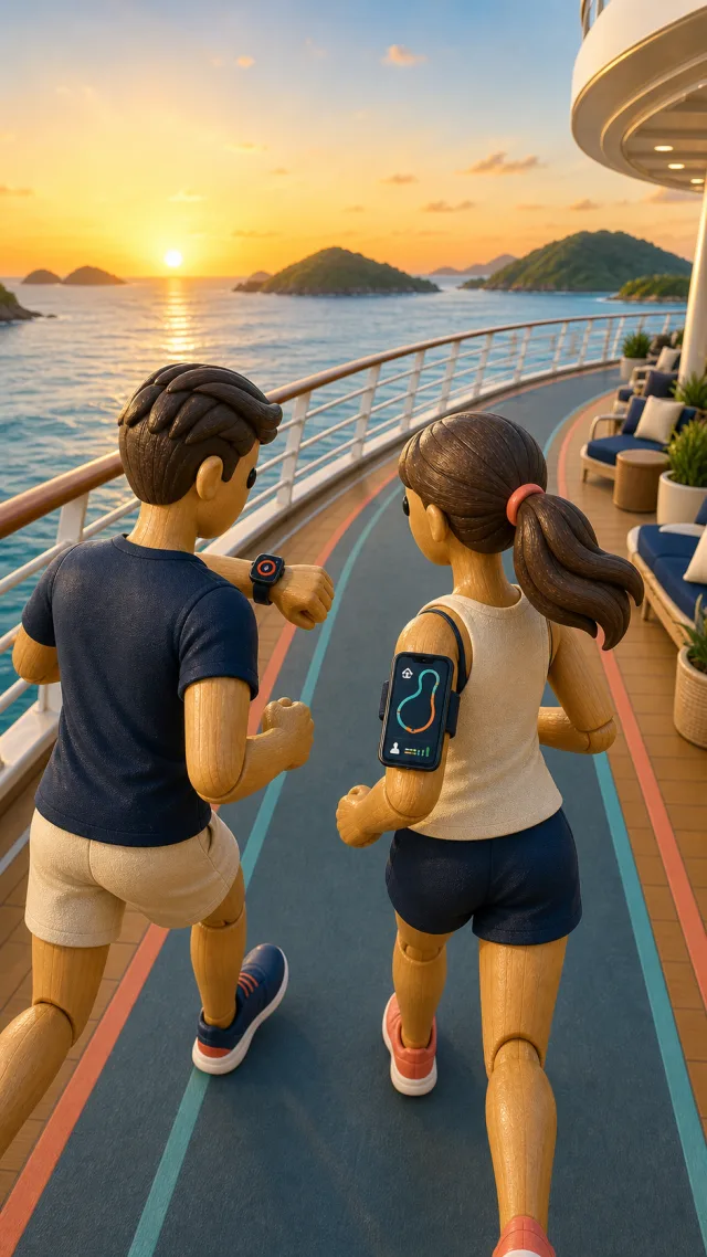 A couple jogging on the running deck of a cruise ship at sunset, laps being counted