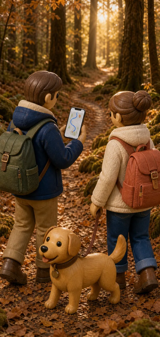 Two people walking a dog on a forest path in autumn, the recorded route visible on the smartphone