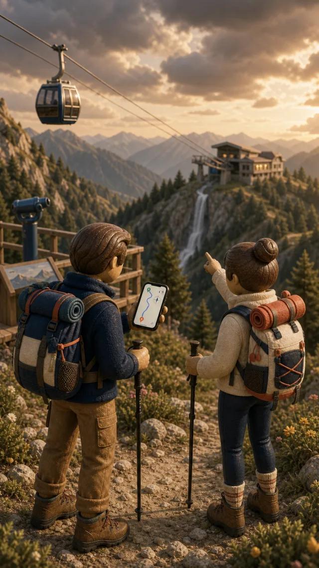 Mountain hikers in high alpine terrain looking at their recorded tour