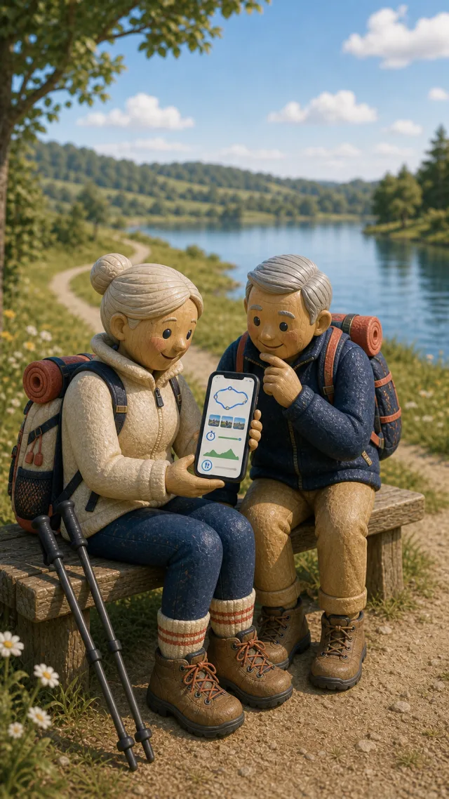 A walk through a park, the distance covered shown on the smartphone