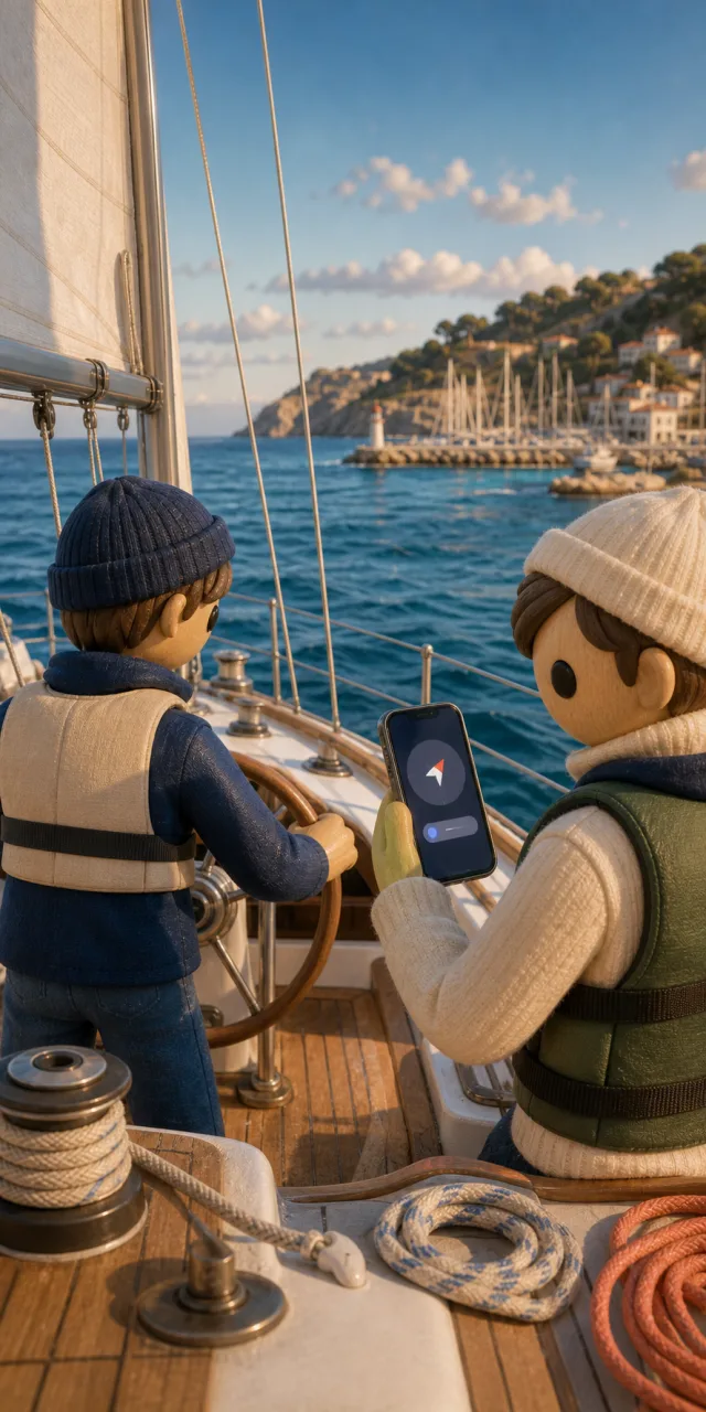 Two sailors at the helm in front of a harbour, compass navigation on the smartphone