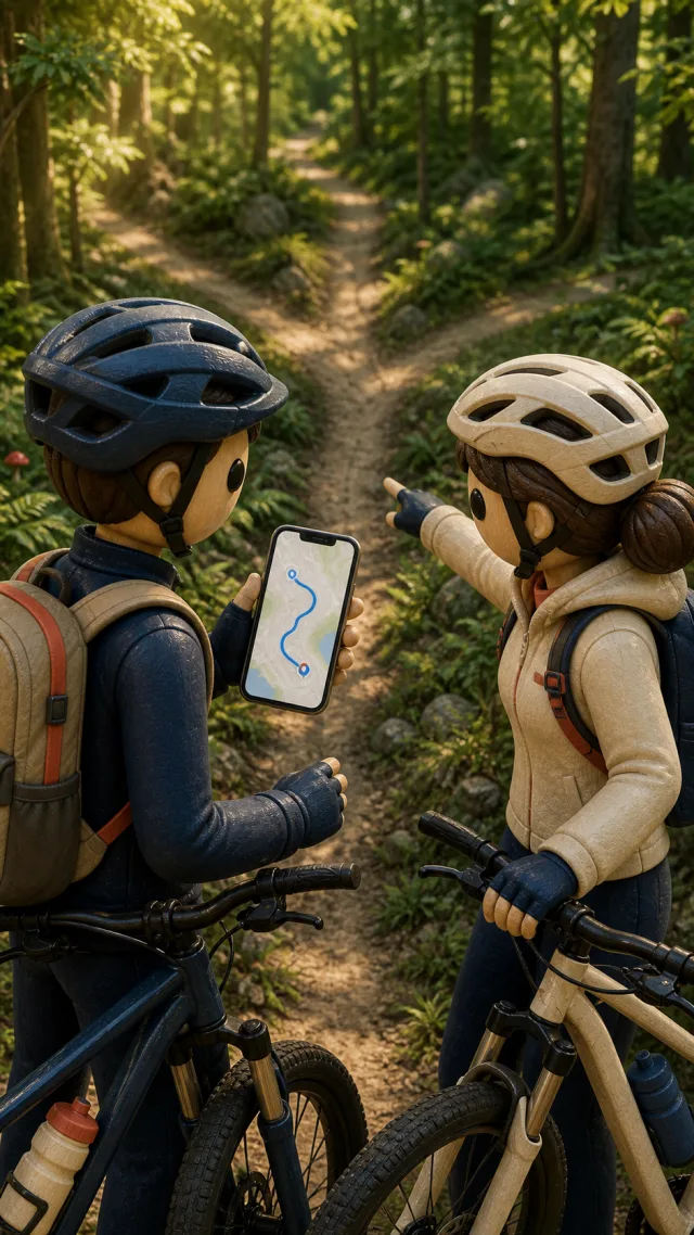Bike ride through flat countryside with the recorded route on the smartphone
