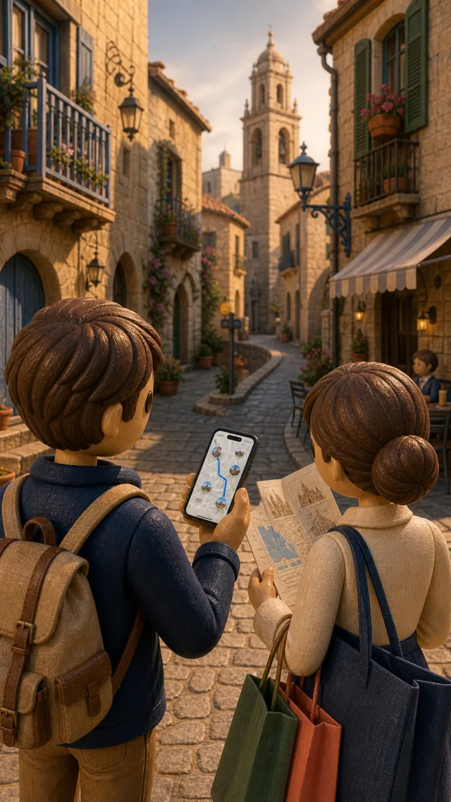 City travellers in an old town navigating to a landmark with their smartphone