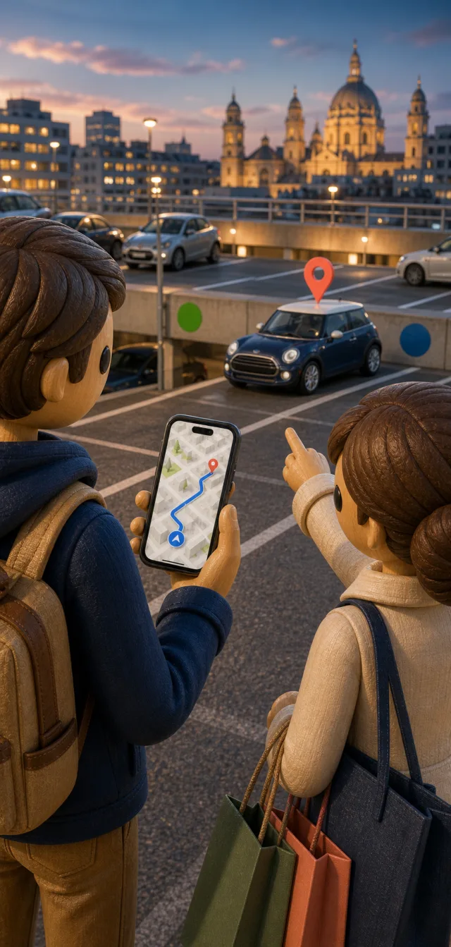 A person in a large car park being guided back to their saved car