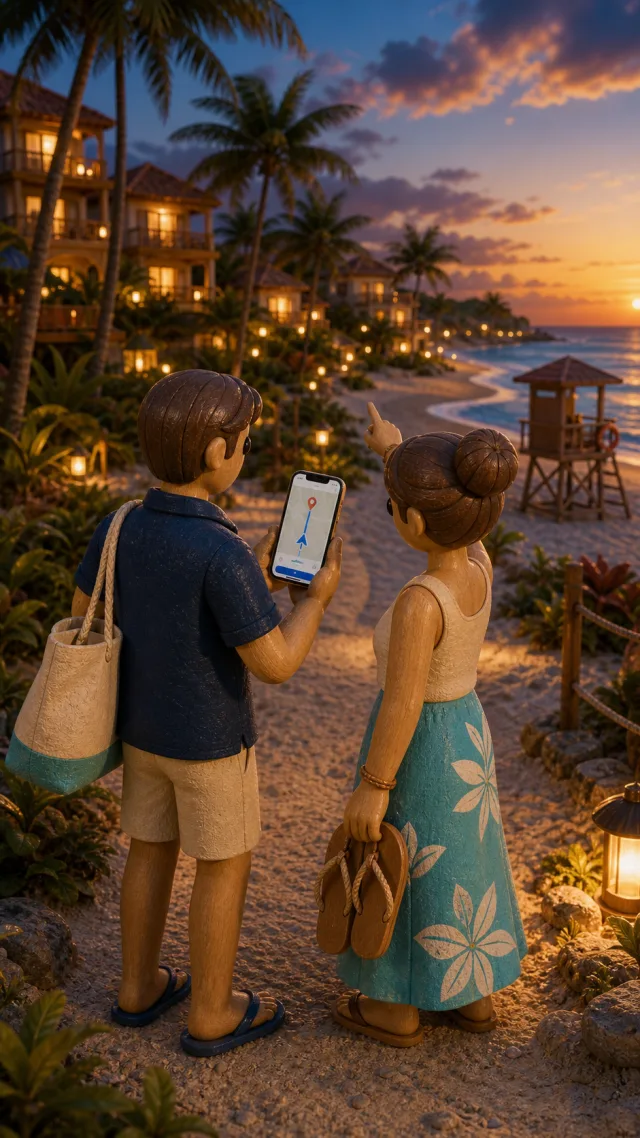 Holiday trip with luggage, hotel and excursion spots saved as places