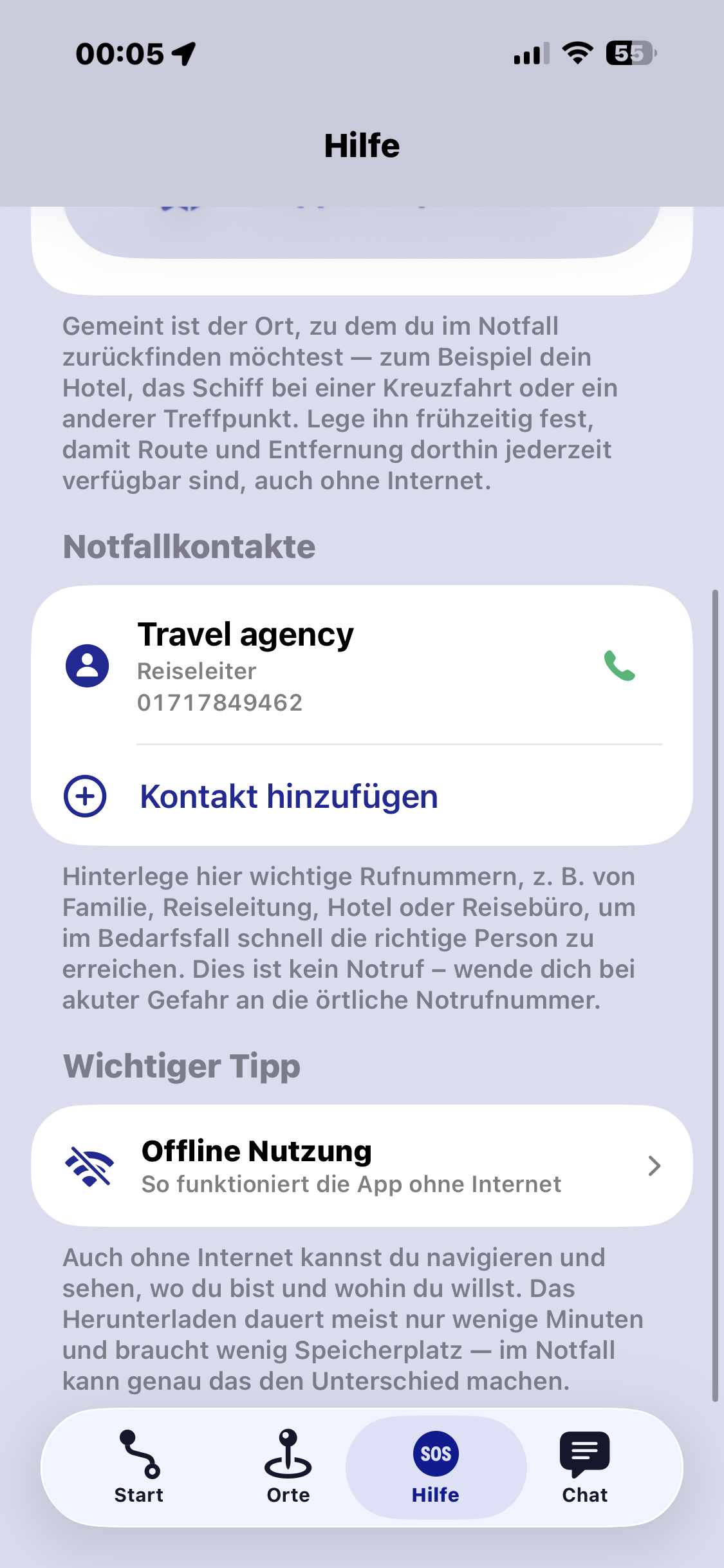 Offlinekarten und Notfallkontakte in Navigate Back