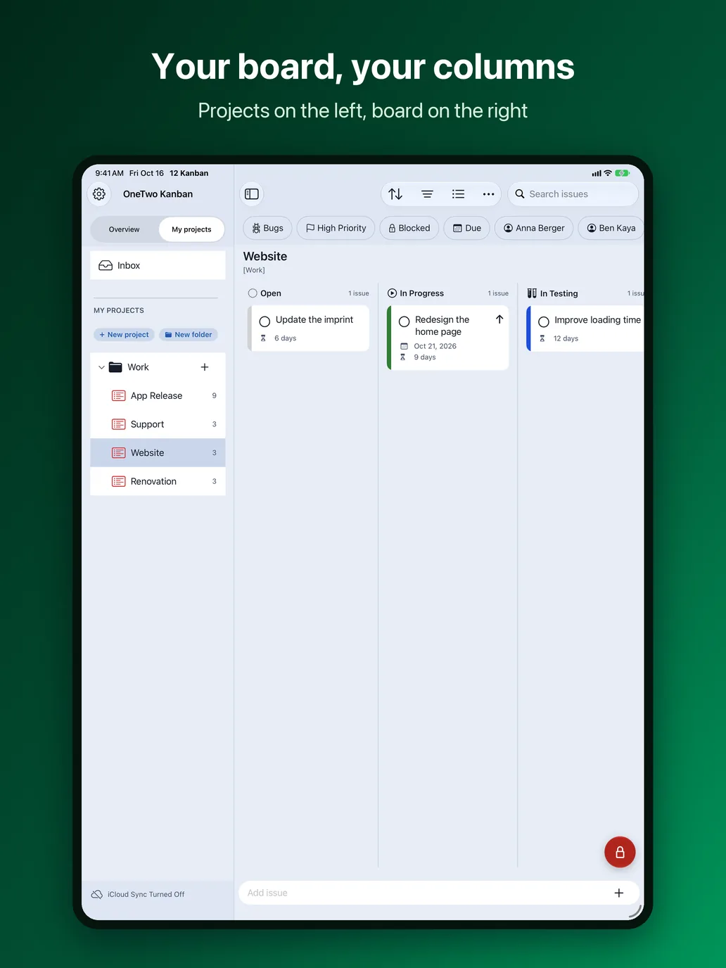 OneTwo Kanban on the iPad, Image 1 of 10: Your board, your columns
