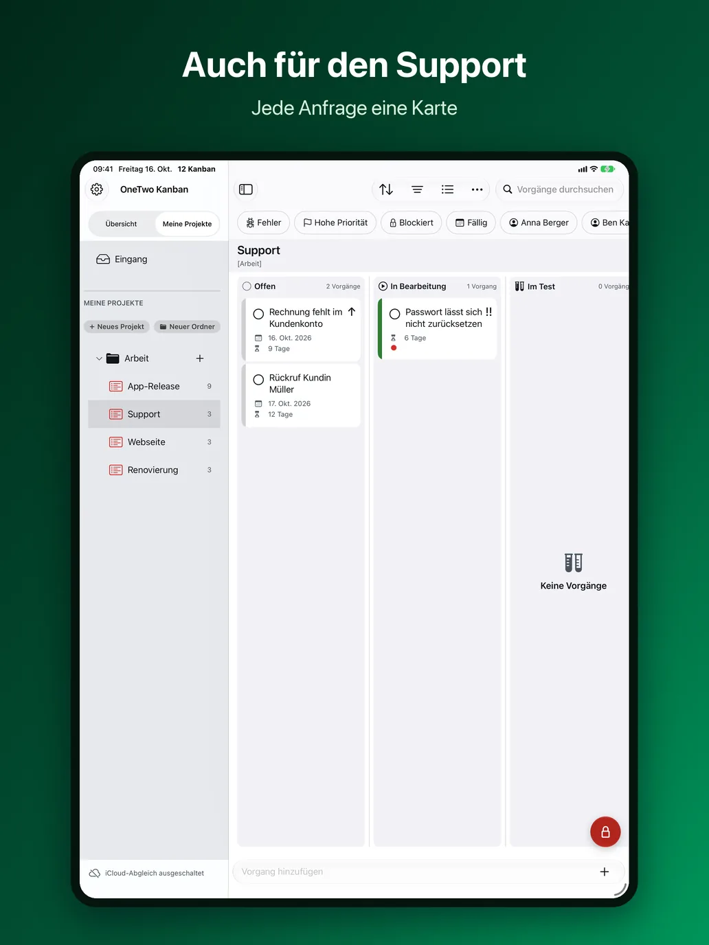 OneTwo Kanban auf dem iPad, Bild 2 von 10: Auch für den Support