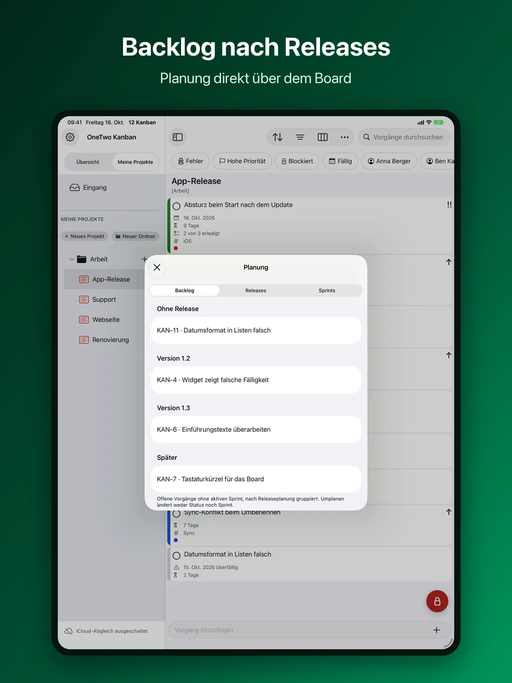 OneTwo Kanban auf dem iPad, Bild 5 von 10: Backlog nach Releases