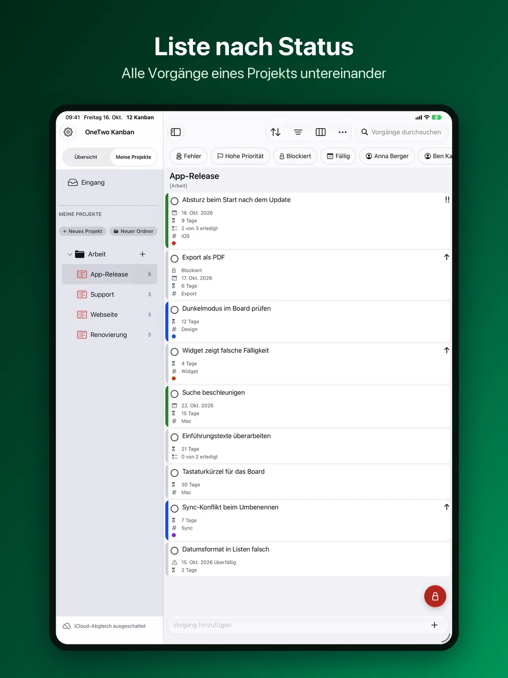 OneTwo Kanban auf dem iPad, Bild 7 von 10: Liste nach Status