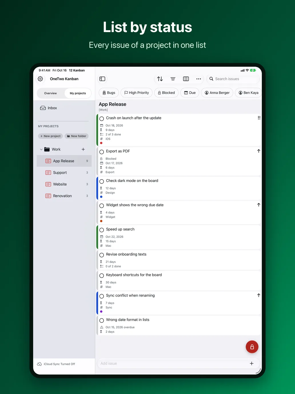 OneTwo Kanban on the iPad, Image 7 of 10: List by status