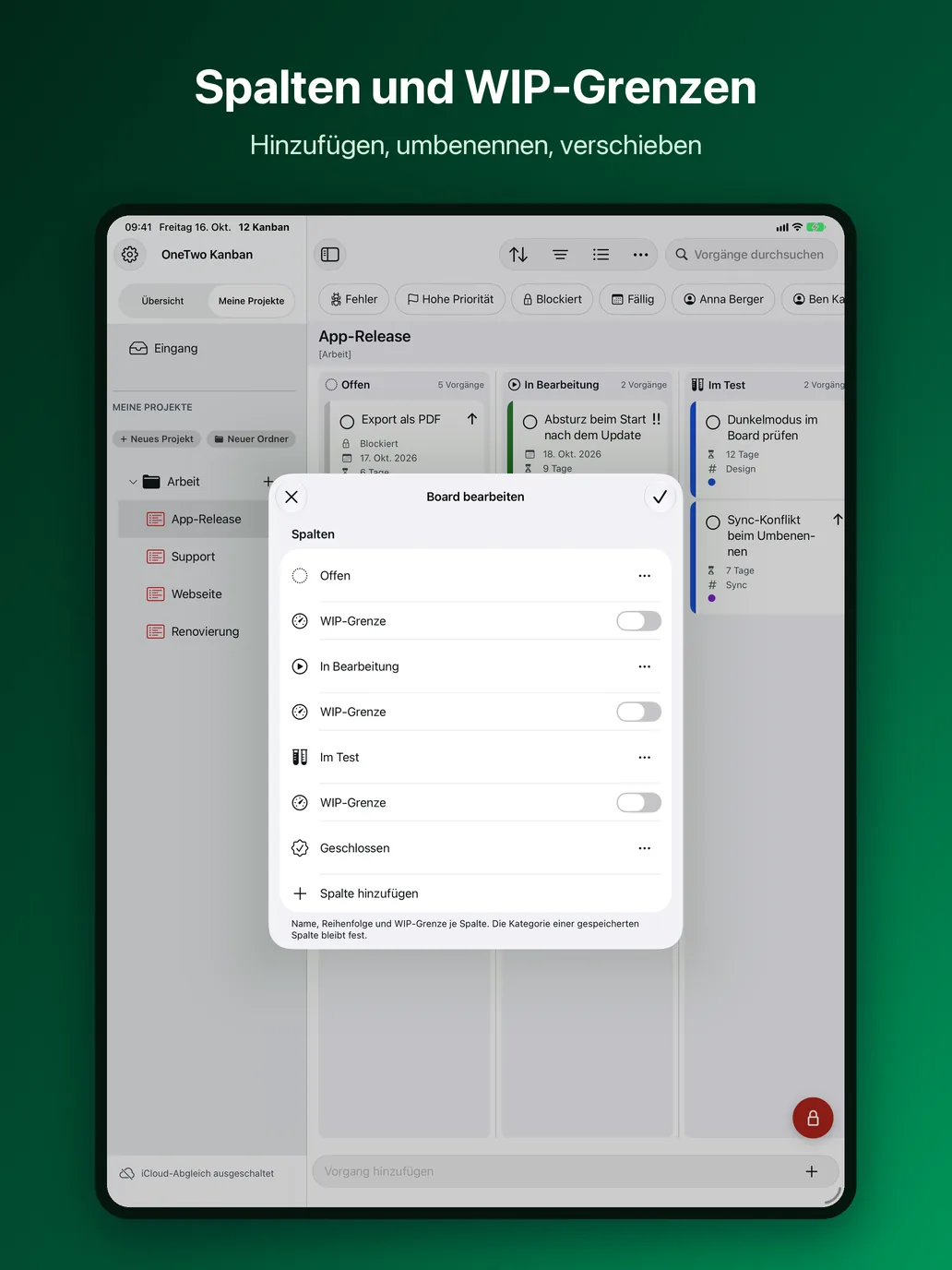 OneTwo Kanban auf dem iPad, Bild 8 von 10: Spalten und WIP-Grenzen