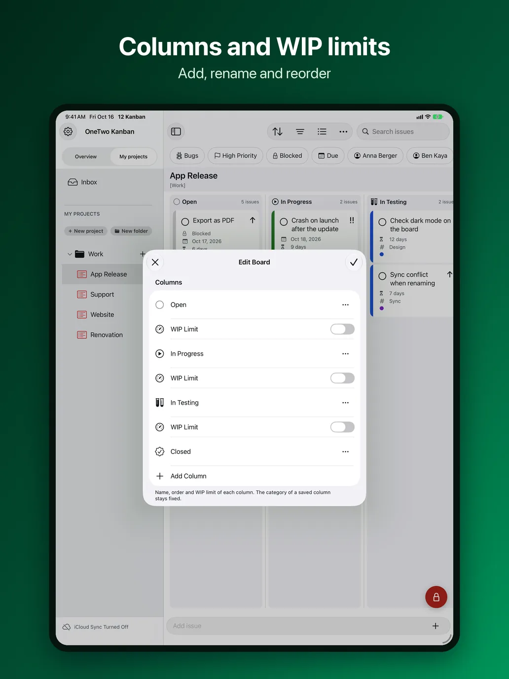OneTwo Kanban on the iPad, Image 8 of 10: Columns and WIP limits