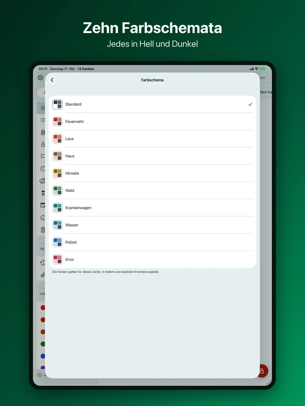 OneTwo Kanban auf dem iPad, Bild 9 von 10: Zehn Farbschemata