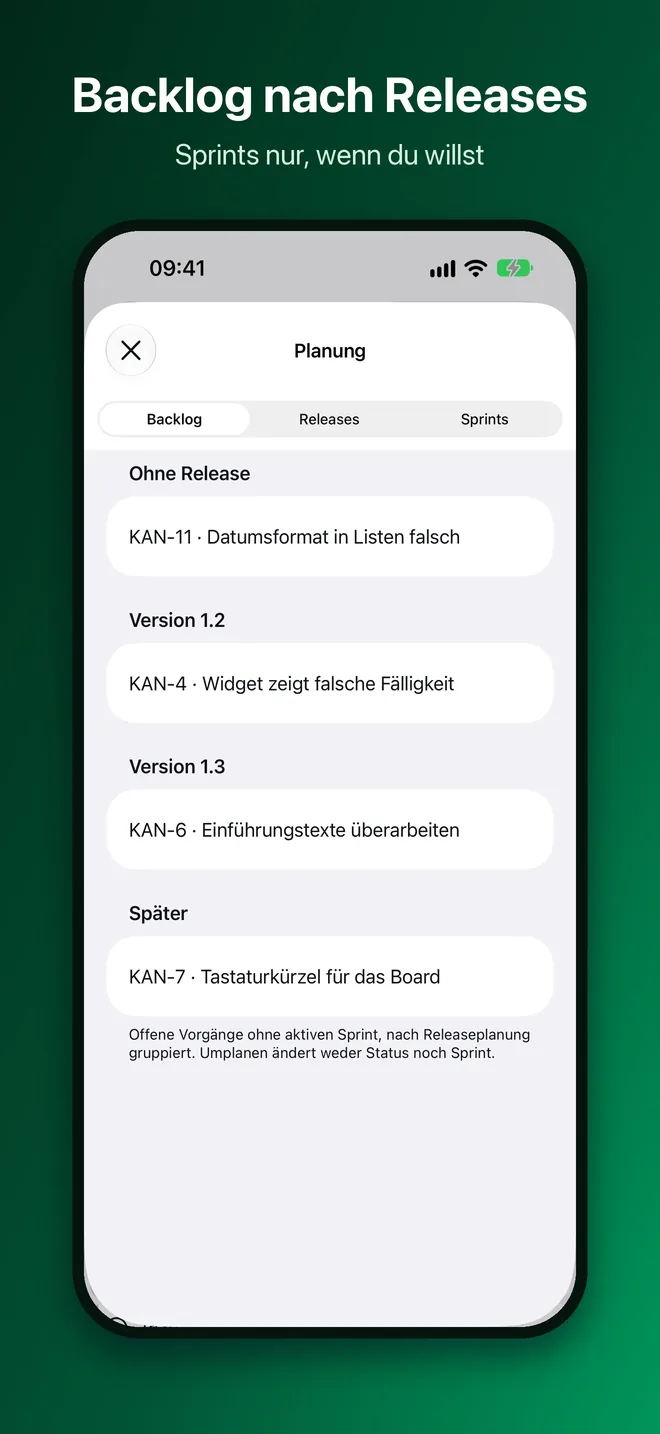 OneTwo Kanban auf dem iPhone, Bild 5 von 10: Backlog nach Releases